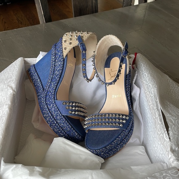 Christian Louboutin madmonica denim beige sandal wedge espadrille 120mm sz 38 - Picture 11 of 13